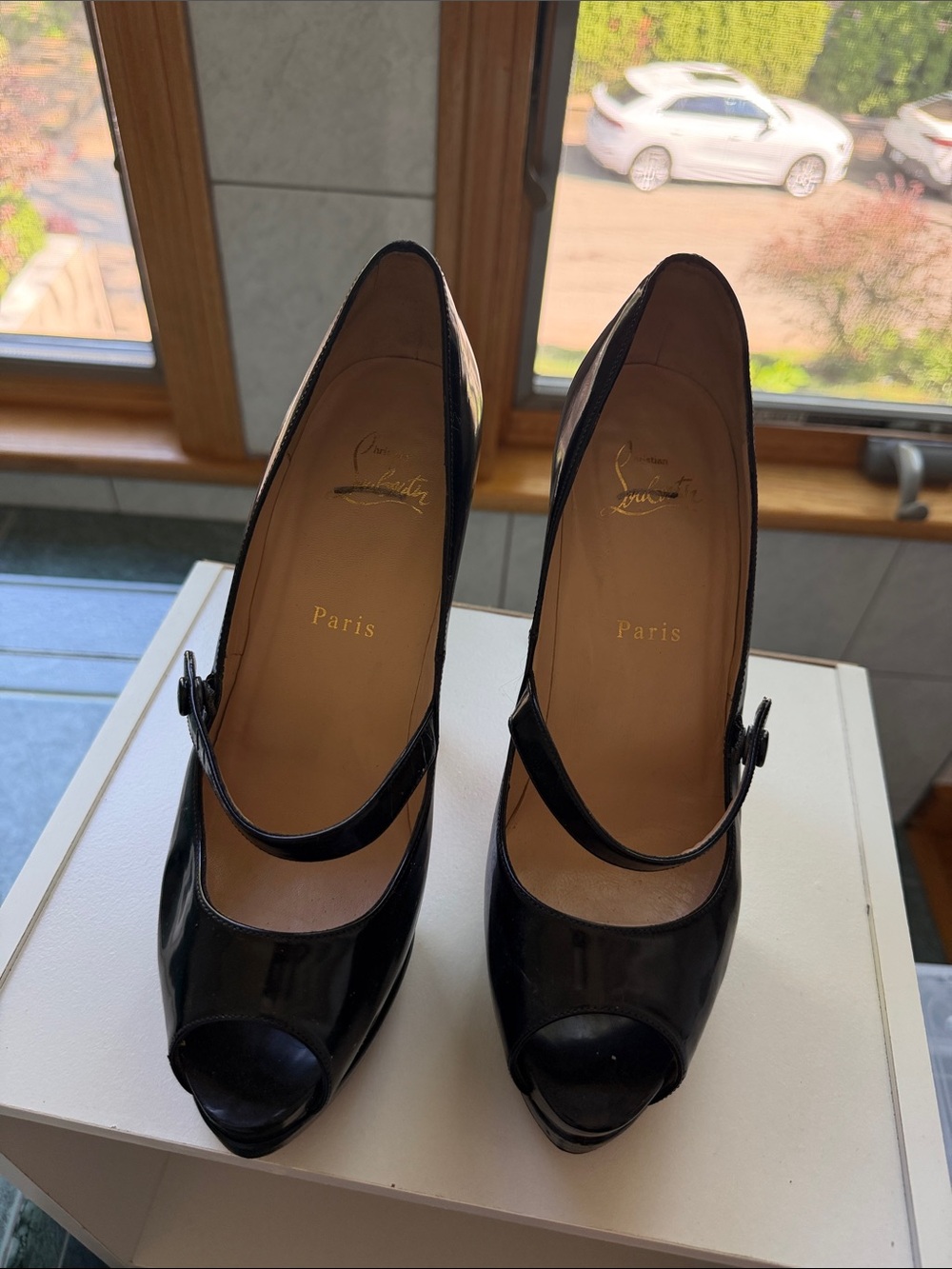 Christian Louboutin Black Patent Peep-Toe Mary Jane Heels